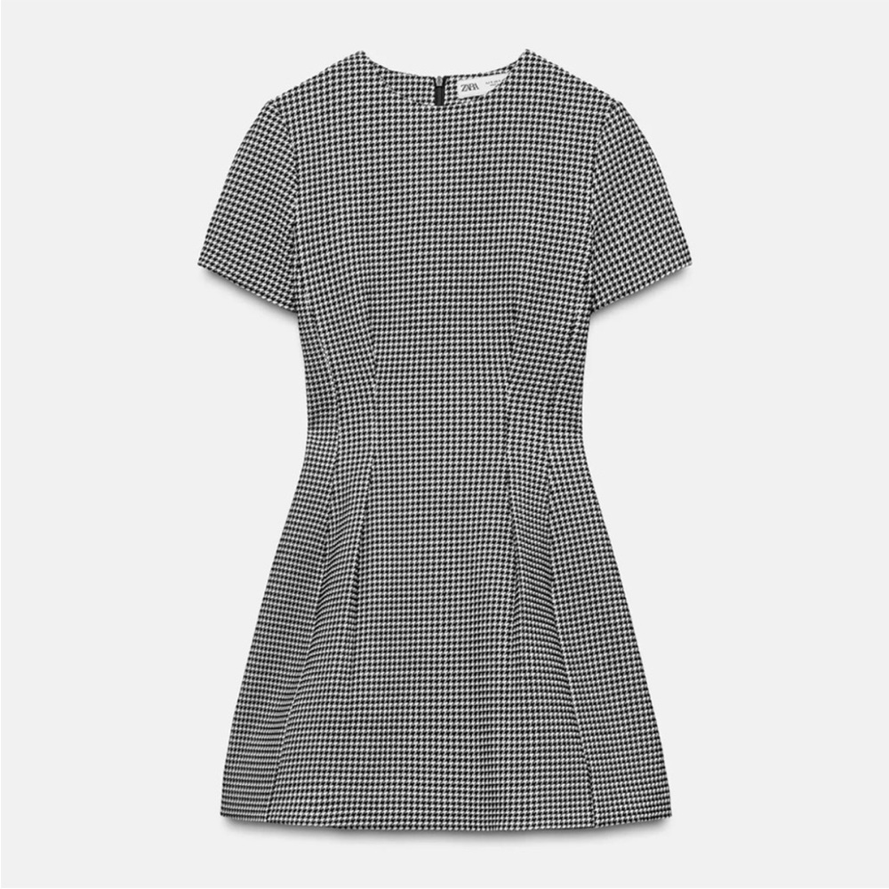 Zara NWT black & white houndstooth checkered print short sleeve mini dress - Picture 6 of 7